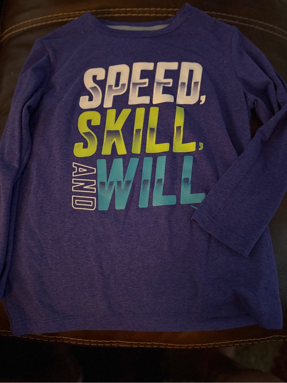 Old Navy Purple Long-Sleeve Tee with Bold 'Speed, Skill, and Will' Graphic